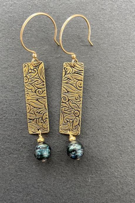 Long Rectangle Drop Dangle Brass Patterned Earrings Earthy Natural Boho Tooled Leather Western 14kt Gold Filled Teal Faceted Pearl