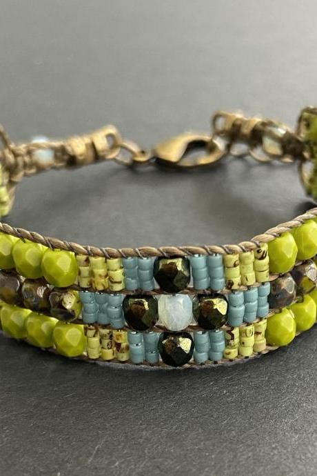 Bracelet Lily Pad Lake Inspired Loom Bracelet Blue Bronze Chartreuse Beaded