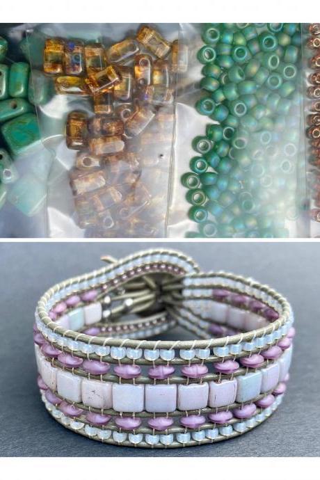 KIT Persian Turquoise Picasso Brown Wide Leather Beaded Cuff Kit by Leila Martin Bohemian DIY Intermediate Instructions Complete NO Tools