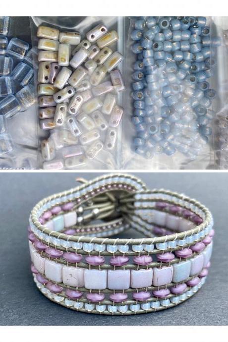 KIT Pale Blue Picasso Gray Wide Leather Beaded Cuff Kit by Leila Martin Bohemian DIY Intermediate Instructions Complete NO Tools