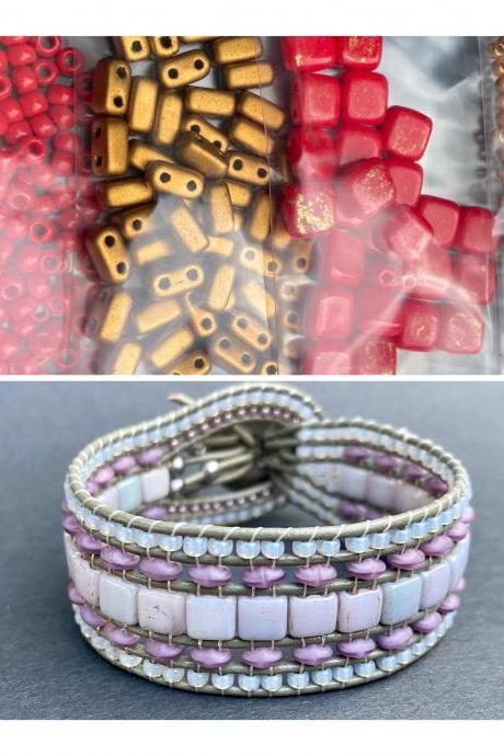 KIT Red Matte Gold Wide Leather Beaded Cuff Kit by Leila Martin Bohemian DIY Intermediate Instructions Complete NO Tools
