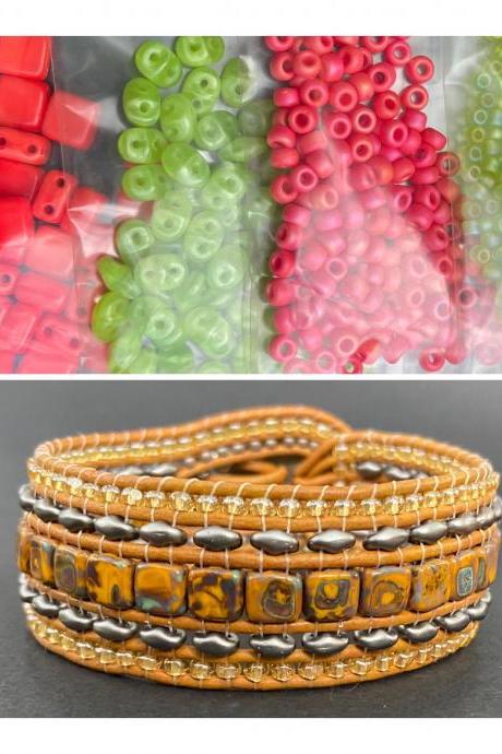 KIT Peridot Lime Coral Wide Leather Beaded Cuff Kit by Leila Martin Bohemian DIY Intermediate Instructions Complete NO Tools