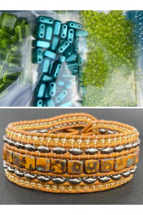 KIT Peridot Teal Blue Wide Leather Beaded Cuff Kit by Leila Martin Bohemian DIY Intermediate Instructions Complete NO Tools