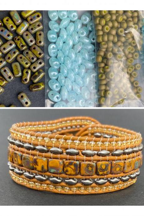 KIT Olive Picasso Blue Wide Leather Beaded Cuff Kit by Leila Martin Bohemian DIY Intermediate Instructions Complete NO Tools