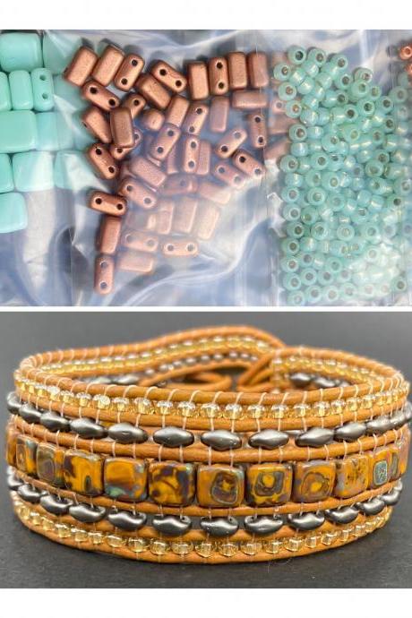 KIT Mint Copper Wide Leather Beaded Cuff Kit by Leila Martin Bohemian DIY Intermediate Instructions Complete NO Tools