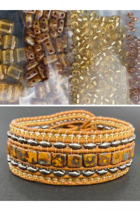 KIT Picasso Brown Topaz Wide Leather Beaded Cuff Kit by Leila Martin Bohemian DIY Intermediate Instructions Complete NO Tools