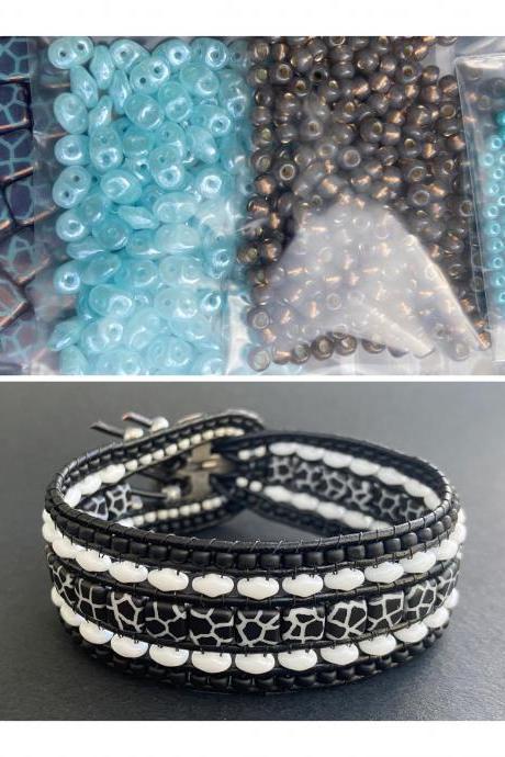 KIT Blue Nutmeg Crackled Wide Leather Beaded Cuff Kit by Leila Martin Bohemian DIY Complete Kit with Tutorial NO Tools