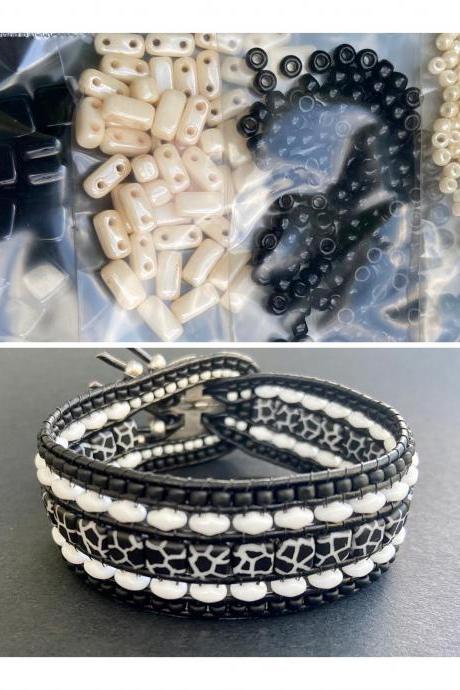 KIT Black & Ivory Wide Leather Beaded Cuff Kit by Leila Martin Bohemian DIY Complete Kit with Tutorial NO Tools