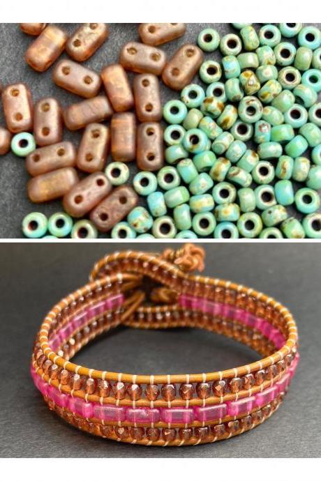 KIT Seafoam Picasso Rust Brown Bracelet Cuff Leather 2-Holed Brick DIY Complete Instructions