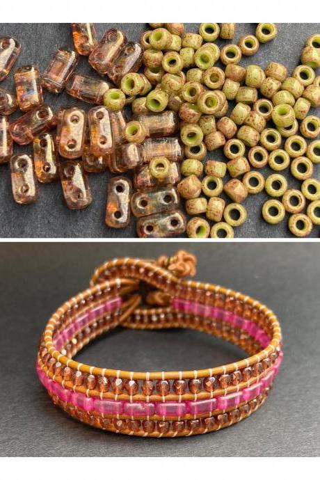 KIT Pink Rose Rust Olive Gold Luster Bracelet Cuff Leather 2-Holed Brick DIY Complete Instructions
