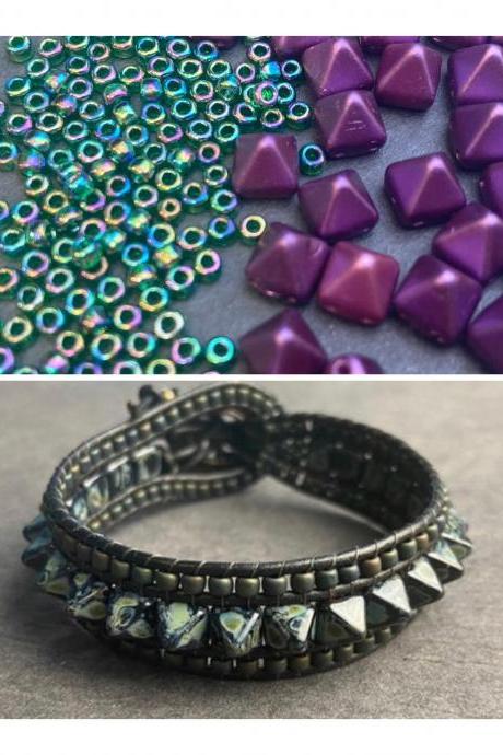 KIT Punk Spike Bracelet Cuff Leather 2-Holed 6x6mm Pyramid Beads Purple Green AB #62