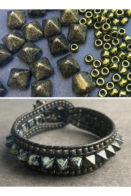 KIT Punk Spike Bracelet Cuff Leather 2-Holed 6x6mm Pyramid Beads Olive Green Black #56