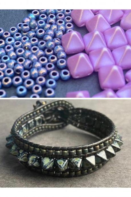 KIT Punk Spike Bracelet Cuff Leather 2-Holed 6x6mm Pyramid Beads Purple Blue #51