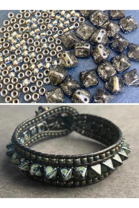 KIT Punk Spike Bracelet Cuff Leather 2-Holed 6x6mm Pyramid Beads Mercury Glass Grey Pewter #50