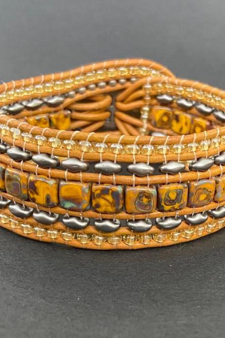 KIT Picasso Yellow Wide Leather Beaded Cuff Kit by Leila Martin Bohemian Silver Gray DIY Intermediate Instructions Complete NO Tools #41