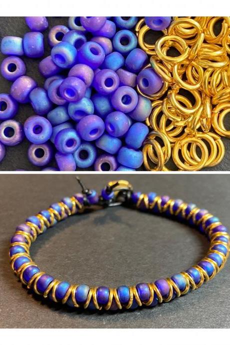 KIT Zig Zag Bracelet Cobalt Blue Purple AB Rainbow Gold Glass DIY Beginner Easy Button