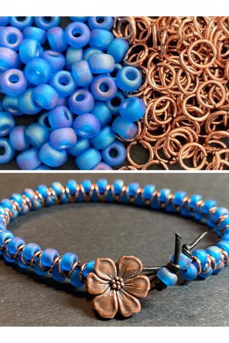 KIT Zig Zag Bracelet Capri Blue AB Rainbow Copper Glass DIY Beginner Easy Flower Button