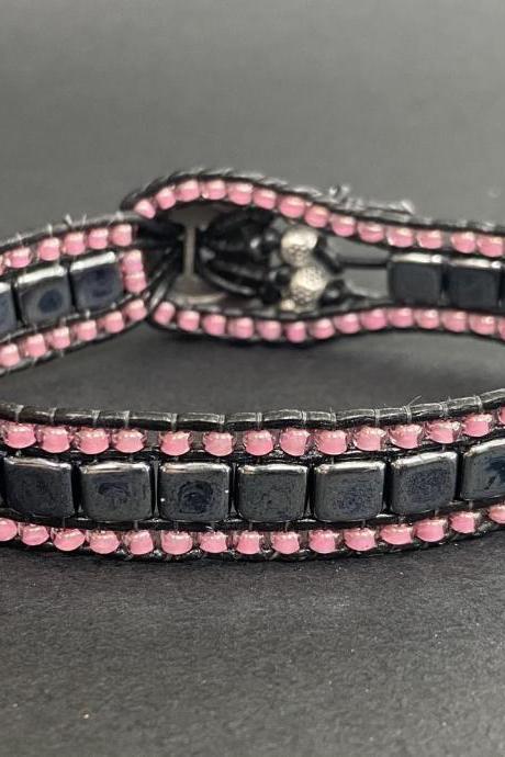 KIT Pink Mauve Hematite Bracelet Cuff Leather 2-Holed Tile Metallic Steel Gunmetal DIY Complete Instructions
