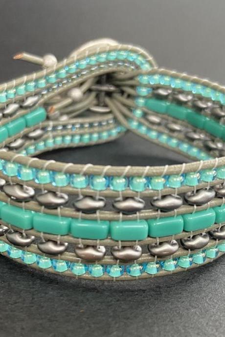 KIT Wide Leather Beaded Cuff Kit by Leila Martin Bonny Bohemian Turquoise Silver Gray DIY Intermediate Instructions Complete NO Tools #40