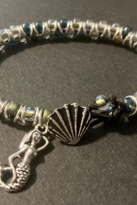 KIT Mermaid Zig Zag Bracelet DIY Easy Silver Teal Metallic Green Sea Shell Button Charm