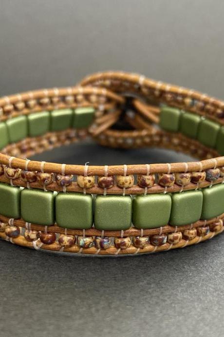 KIT Green Olive Brown Tan Picasso Bracelet Cuff Leather 2-Holed Tile DIY Complete Instructions