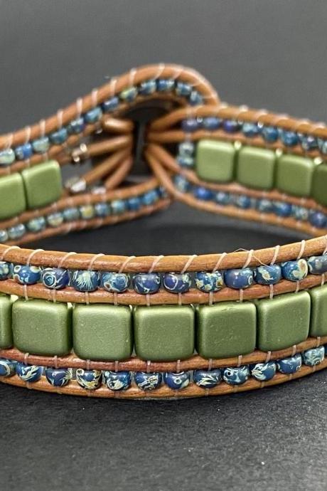 KIT Green Olive Montana Navy Picasso Bracelet Cuff Leather 2-Holed Tile DIY Complete Instructions