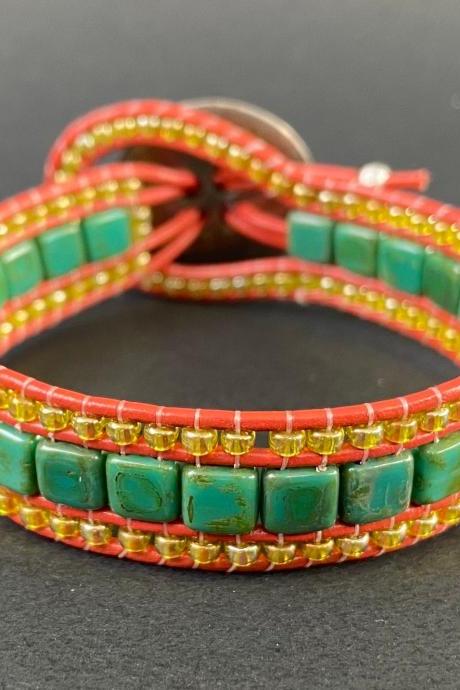 KIT Persian Turquoise Picasso Green Bracelet Cuff Leather 2-Holed Tile DIY Complete Instructions Coral Peridot