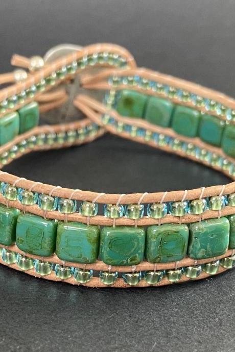 KIT Persian Turquoise Picasso Green Bracelet Cuff Leather 2-Holed Tile DIY Complete Instructions