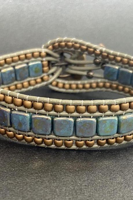 KIT Antique Bronze Turquoise Bracelet Cuff Leather 2-Holed Tile DIY Complete Instructions
