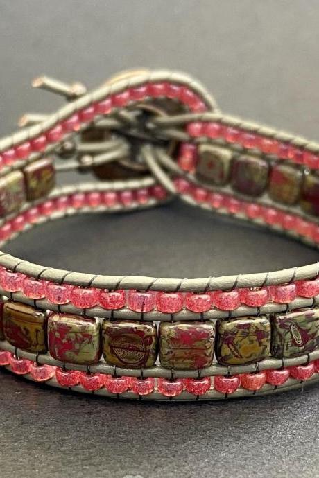 KIT Red Coral Pomegranate Bracelet Cuff Leather 2-Holed Tile Picasso DIY Complete Instructions