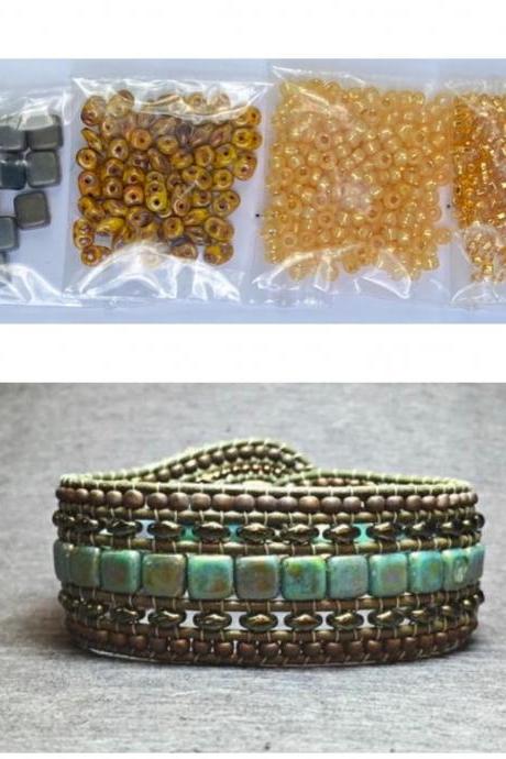 KIT Wide Leather Beaded Cuff Bonny Mustard Picasso Gray Intermediate Instructions Complete NO Tools #26