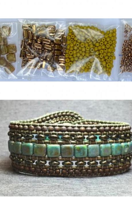 KIT Wide Leather Beaded Cuff Bonny Mustard Puce Bronze Tan Picasso Intermediate Instructions Complete NO Tools #25