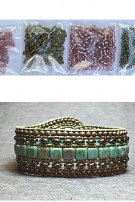 KIT Wide Leather Beaded Cuff Bonny Olive Picasso Rose Plum Opal Intermediate Instructions Complete NO Tools #23
