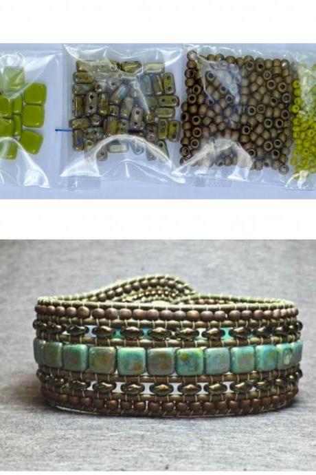 KIT Wide Leather Beaded Cuff Bonny Olive Picasso Chartreuse Intermediate Instructions Complete NO Tools #22