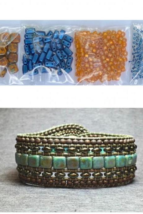 KIT Wide Leather Beaded Cuff Bonny Mustard Picasso Royal Blue Intermediate Instructions Complete NO Tools #20