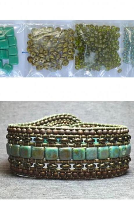 KIT Wide Leather Beaded Cuff Kit by Leila Martin Bonny Bohemian Turquoise Olive Blue DIY Intermediate Instructions Complete NO Tools #2