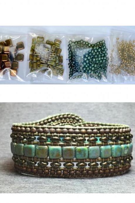 KIT Wide Leather Beaded Cuff Kit by Leila Martin Bonny Bohemian Blue Olive Bronze DIY Intermediate Instructions Complete NO Tools #1