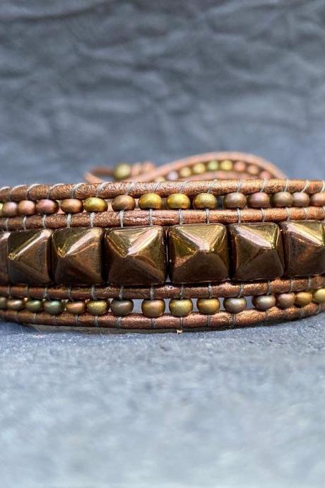KIT Punk Spike Bracelet Kit Cuff Leather 2-holed 6x6mm Pyramid Beads Metallic Khaki