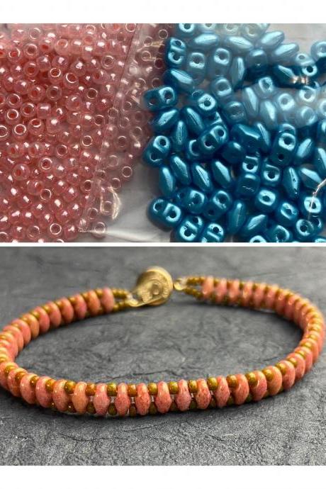 Kit Coral Pink Turquoise Blue Simple SuperDuo Bracelet Easy No Tools Needed Mix DIY Beginner Fun