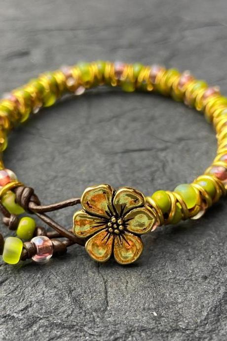 Gold Zig Zag Bracelet Sweet Succulents Lime Pink Purple Hibiscus Poppy Clematis Button