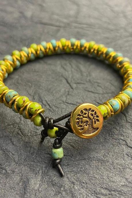 KIT Gold Zig Zag Bracelet DIY Beginner Golden Hillside Seafoam Chartreuse Bird in a Tree Button Beads Easy No Tools