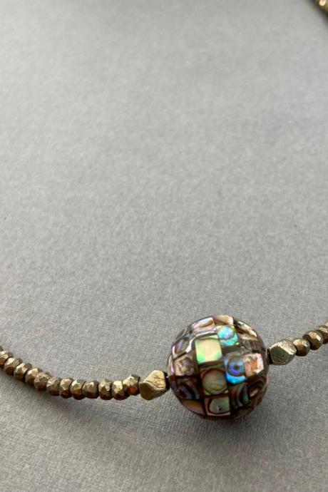 Large Round Abalone Paua Shell Faceted Pyrite Fools Gold Minimalist Necklace Adjustable