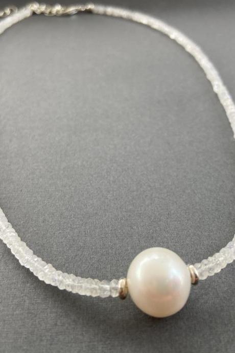Large Freshwater Pearl Faceted White Rainbow Moonstone Minimalist Necklace Adjustable