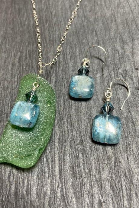 Lake Superior Mermaid Green Beach Glass Blue Kyanite Necklace and Earring Set Sterling Silver