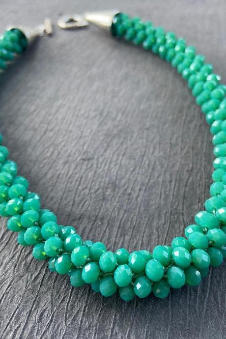 Green Opal Chrysoprase Crystal Bead Crochet Rope Necklace