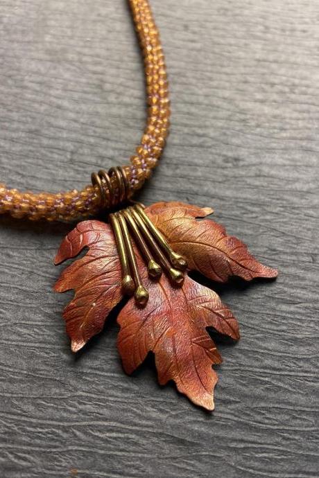 Fall Autumn Maple Leaf Copper Orange Lilac Bead Crochet Rope Long