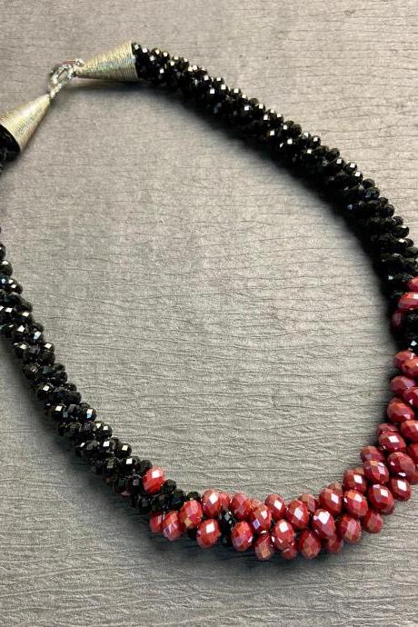 Raspberry and Black Bead Crochet Rope Necklace Red Wine Berry Burgundy