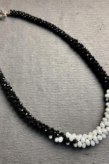 Mod Black & White Long Bold Chunky Bead Crochet Rope Necklace