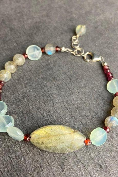 Asymmetrical Natural Faceted Garnet Labradorite Chalcedony Sterling Silver Bracelet Bead Adjustable