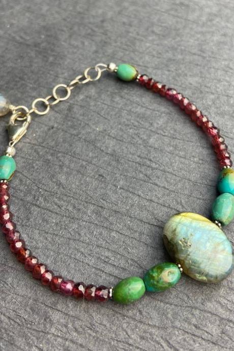 Natural Faceted Garnet Labradorite Turquoise Sterling Silver Bracelet Bead Adjustable